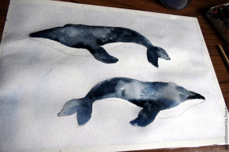 Современная акварель для начинающих учимся рисовать китов, фото № 10